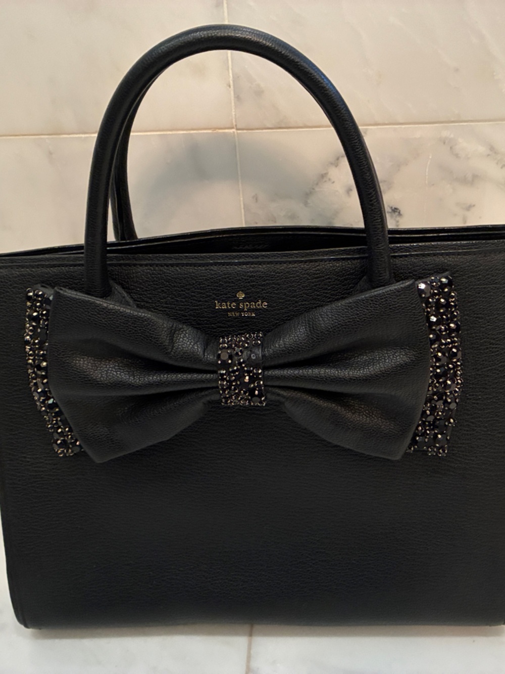 kate spade Black Leather Bow Satchel with Crystal Trim